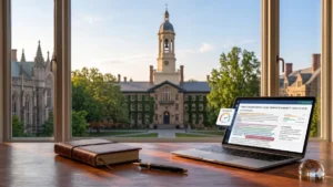 Princeton Supplemental Essays strategy guide and Nassau Hall architecture from a study desk at sunrise