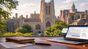 Yale Supplemental Essays strategy guide and Gothic campus architecture from a desk